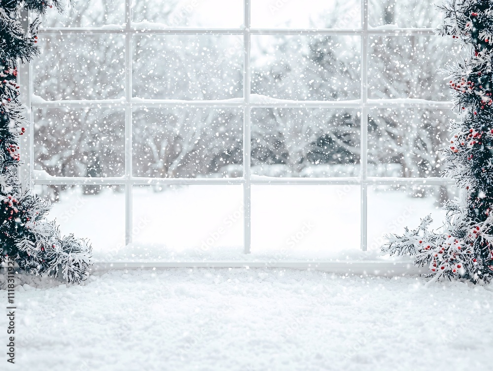 Fototapeta premium Snowy Window View with Winter Decorations