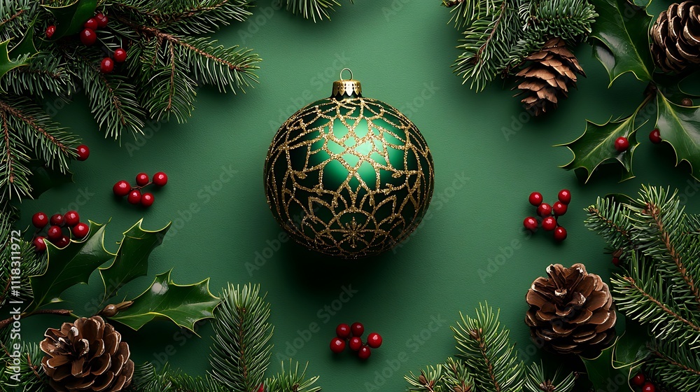 A green ornament sits on a green background with red berries A green ornament sits on a green background with red berries
