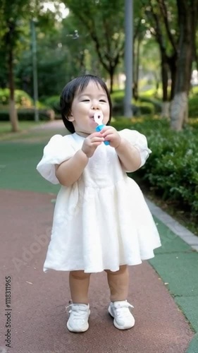 An adorable Asian child with chubby cheeks giggling uncontrollably while playing with bubbles in a sunny park
