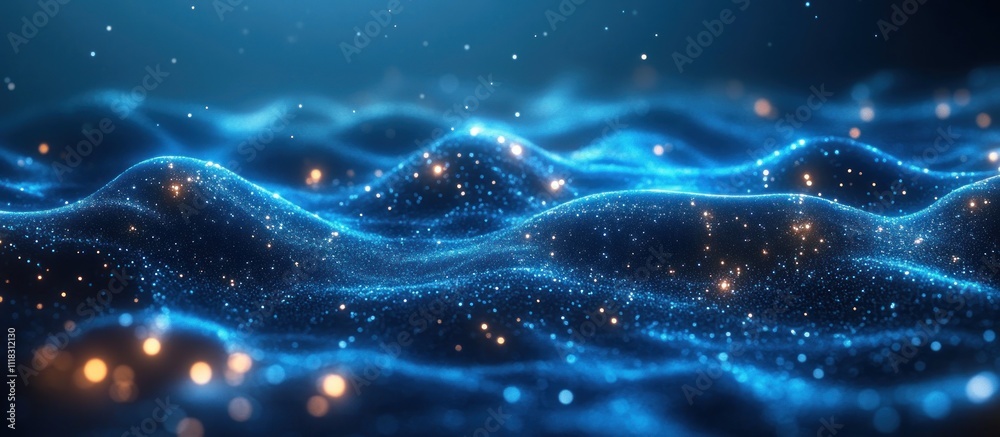 Abstract Blue Wave with Glowing Particles
