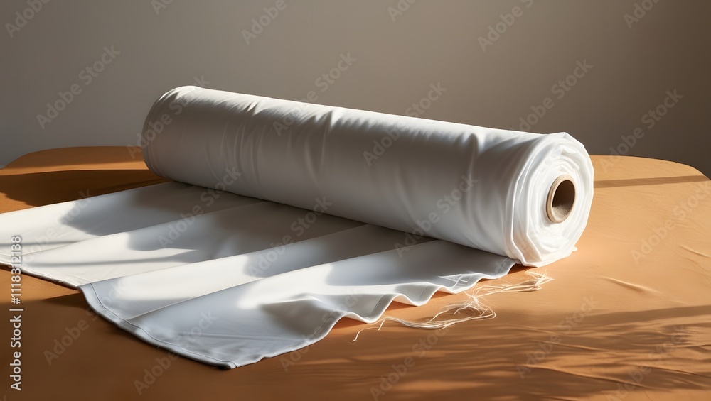 Fototapeta premium White Polyester Fabric Roll on Wooden Table 