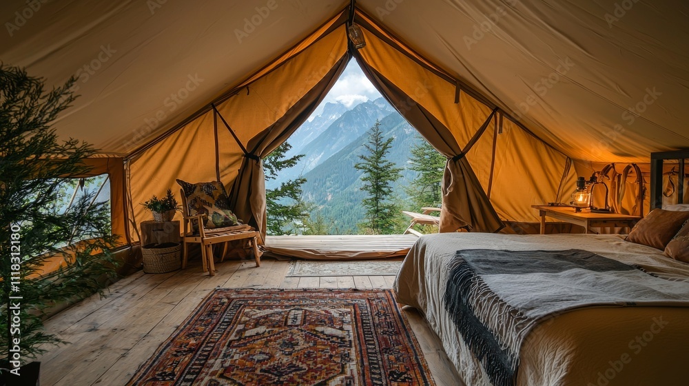 Cozy Glamping Tent Interior with Mountain View in Natural Setting Cozy Glamping Tent Interior with Mountain View in Natural Setting