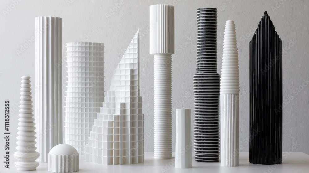 A collection of white and black architectural models showcasing various shapes and designs, representing a futuristic skyline. A collection of white and black architectural models showcasing various shapes and designs, representing a futuristic skyline.