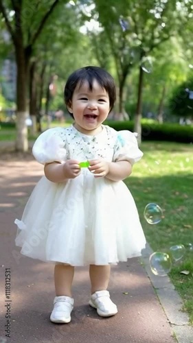 An adorable Asian child with chubby cheeks giggling uncontrollably while playing with bubbles in a sunny park