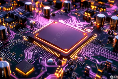 A pixel art depiction of a CPU on a vibrant 8-bit circuit board, with glowing animated pathways and retro electronics aesthetics