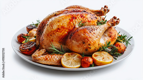 Roasted turkey with rosemary on a platter white background