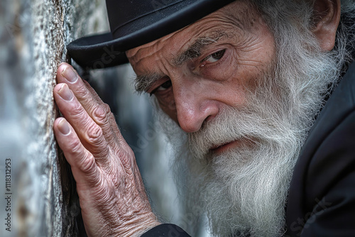 Elderly man prays with deep devotion at the Western Wall, embracing the spiritual atmosphere of Jerusalem