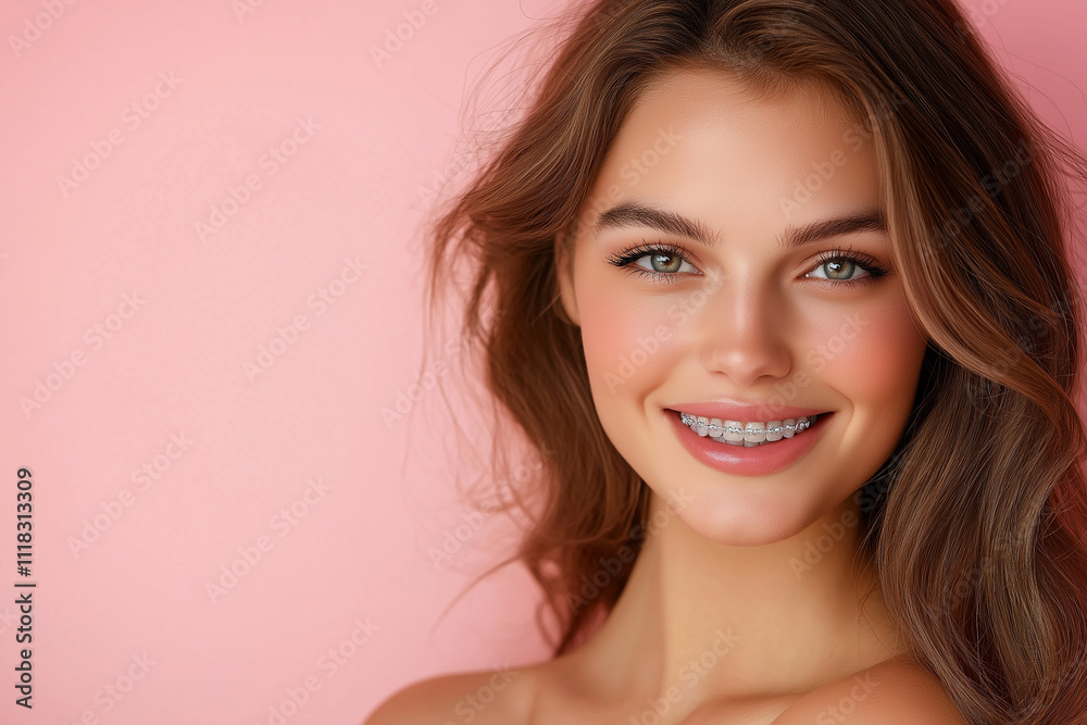 Close-up shot of a woman smiling and showing off her beautiful braces teeth Close-up shot of a woman smiling and showing off her beautiful braces teeth