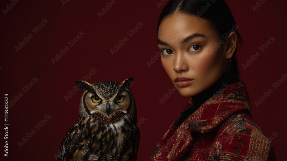 In a studio filled with rich red hues, a model stands confidently wearing a striking statement coat. An owl perches next to her, creating a captivating visual relationship that draws attention In a studio filled with rich red hues, a model stands confidently wearing a striking statement coat. An owl perches next to her, creating a captivating visual relationship that draws attention