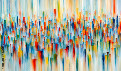 Abstrakt gezeichnetes Kunst Gemälde mit horizontalen verschmierten kräftigen Farben auf weissem Hintergrund photo