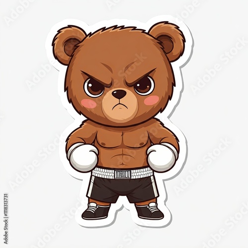 A chibi bear boxer, dressed in black shorts and white gloves, posing with a strong and cool attitude, sticker-style