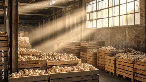 Wallpaper Mural Warm sunlight filters through windows illuminating a rustic warehouse filled with wooden crates of freshly harvested potatoes Torontodigital.ca