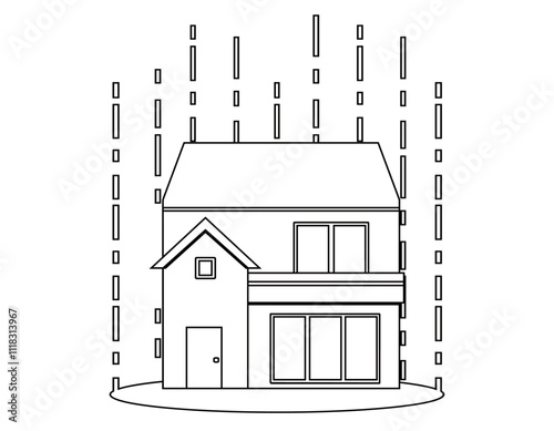 災害に遭う一軒家のイラスト　モノクロ線画の家アイコン