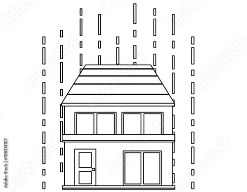 災害に遭う一軒家のイラスト　モノクロ線画の家アイコン