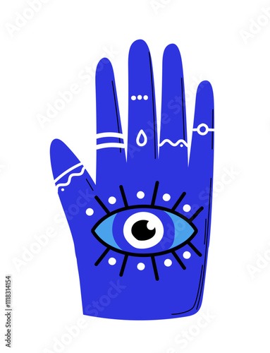 Turkish evil eye. Traditional turkish amulet hand with blue eye. Mysticism and esotericism, occultism. Paranormal and magical tattoo sketch. Flat vector illustration