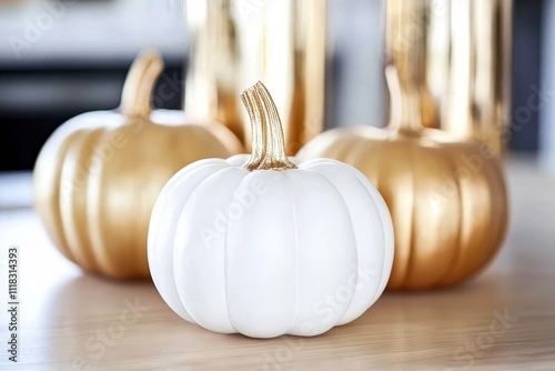 White Pumpkin with Gold Accents Close-up Composition, Autumn Decor, Still Life Photography Autumn, Pumpkin Decor, Fall Photography photo