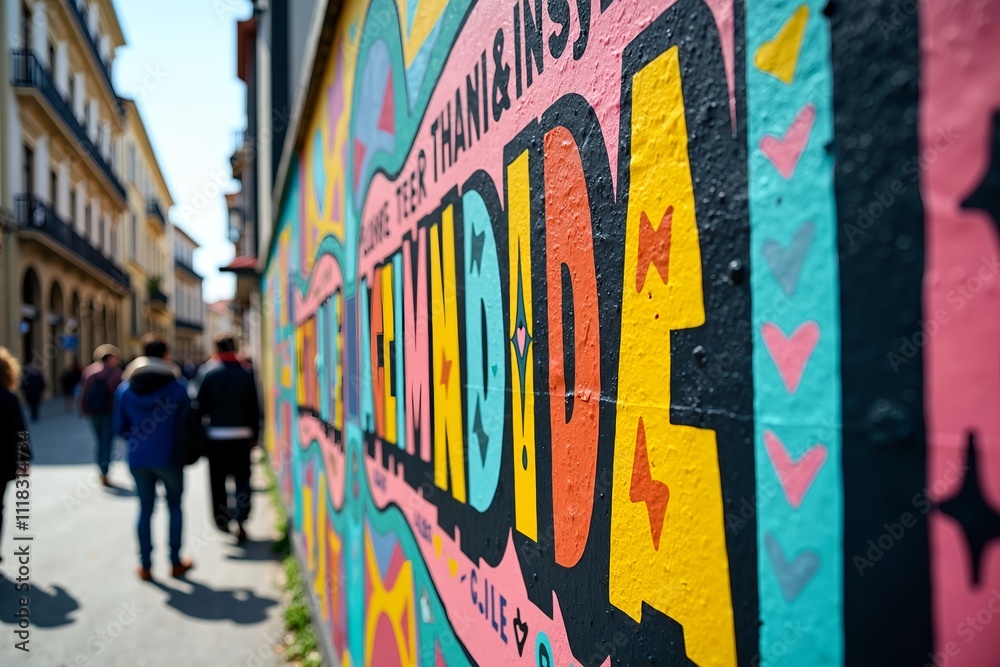 Obraz premium A vibrant mural featuring diverse fonts and cultural symbols, celebrating International Mother Language Day, on an urban wall with people in the background and a lively city environment in daylight