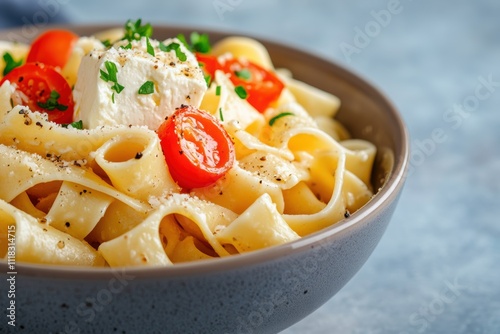 food photography, sunlit kitchen display a bowl of feta-laden homemade pasta, garnished with cherry tomatoes peeking out, creating a stunning visual photo