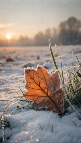 Lone orange leaf on snowy grass in the morning light with a soft sunrise backdrop
