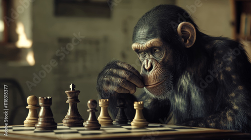 Chimpanzee engaged in a chess match, contemplating the strategic options with a thoughtful expression in a rustic setting photo