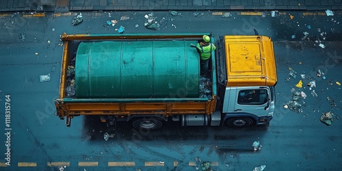 Garbage Truck on a Wet City Street