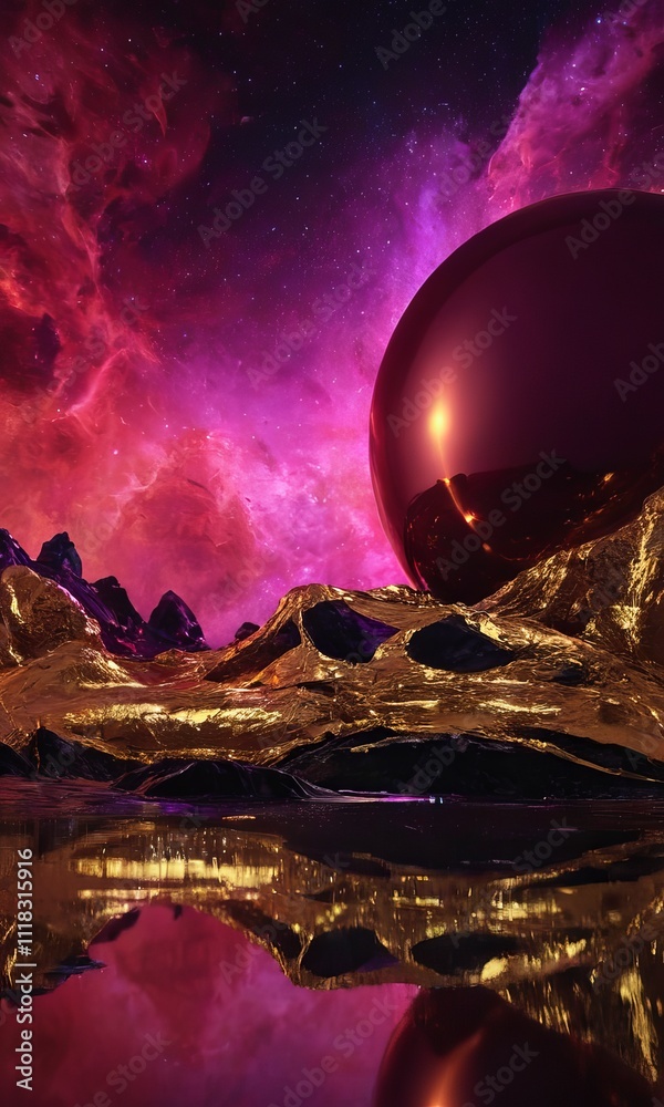 A magical painting with shimmering purple and black, styled in dark scarlet and light gold