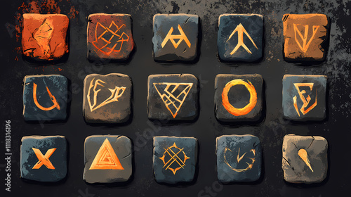 Mysterious cryptic symbols etched into ancient stone, runes of forbidden knowledge. illustration flat color, clip art style , minimalism,. Runes. Illustration