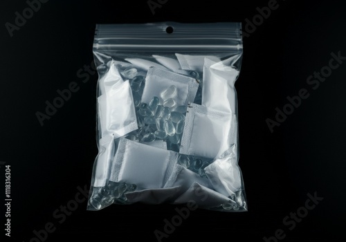 A clear zipper bag full of silica gel on black background