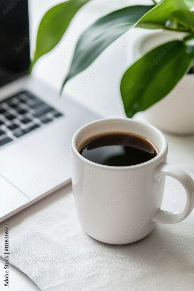 Coffee cup sits beside a laptop and plant on a white table during a productive work session at home Coffee cup sits beside a laptop and plant on a white table during a productive work session at home