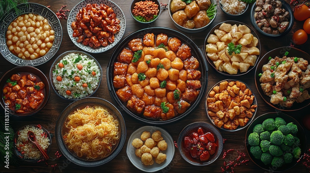 A vibrant spread of delicious chinese food for a festive meal A vibrant spread of delicious chinese food for a festive meal