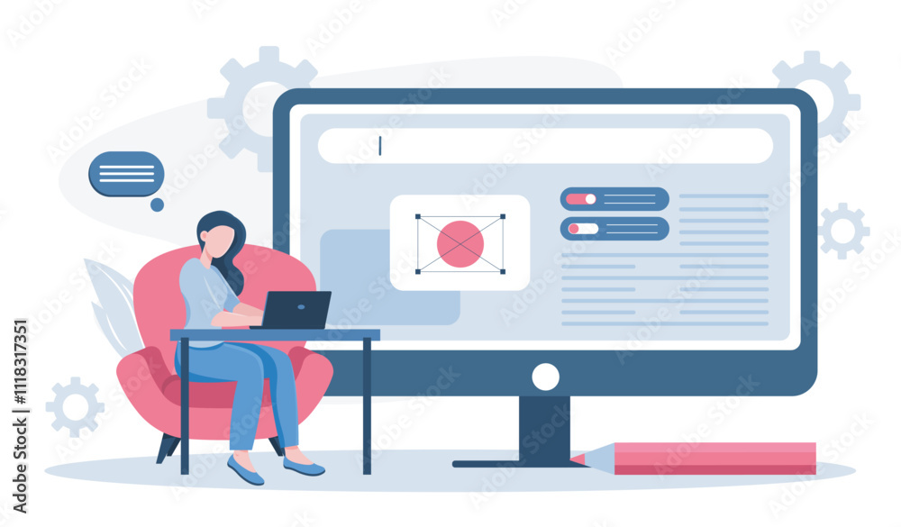 Woman work on website prototyping. Young girl creates ui and ux design elements for webpage. Graphic designer and freelancer. Flat vector illustration Woman work on website prototyping. Young girl creates ui and ux design elements for webpage. Graphic designer and freelancer. Flat vector illustration