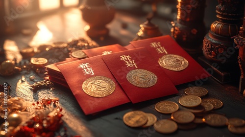 Red envelopes with gold coins and decorative items on a wooden table. photo