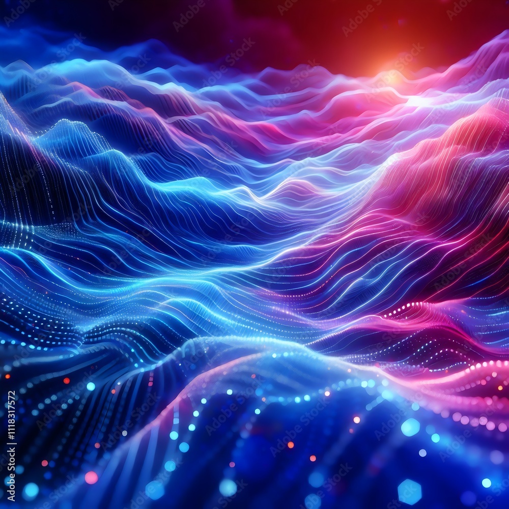 Vibrant waves of blue and pink lights form an undulating digital landscape, creating a sense of movement and dept Vibrant waves of blue and pink lights form an undulating digital landscape, creating a sense of movement and dept
