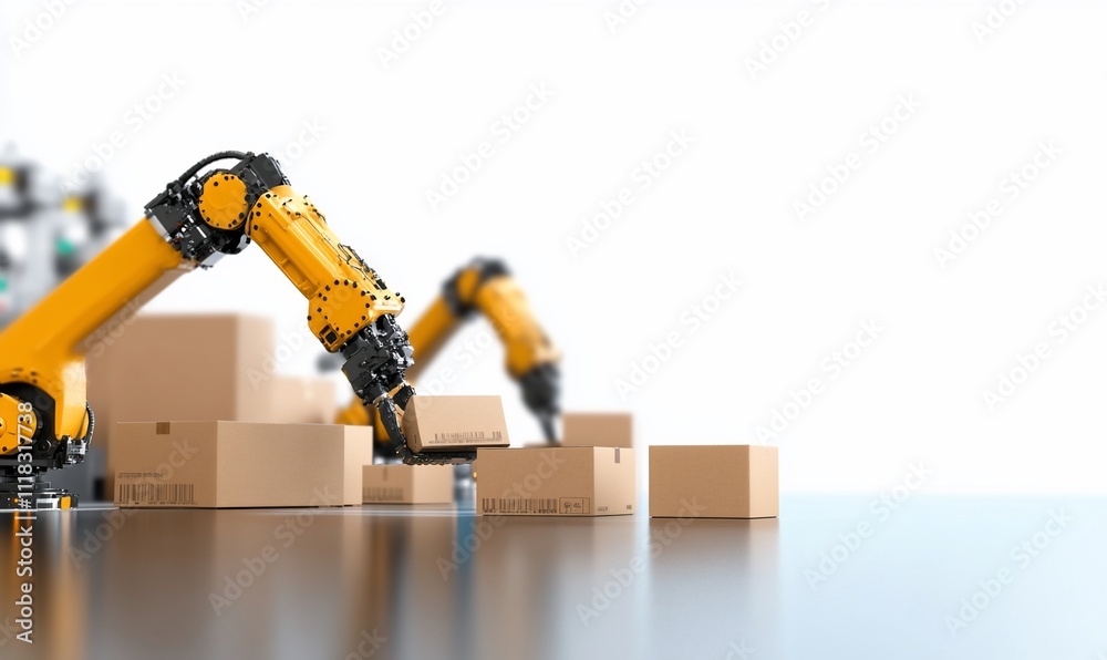 Robotic arms sorting and handling cardboard boxes in a warehouse. Robotic arms sorting and handling cardboard boxes in a warehouse.