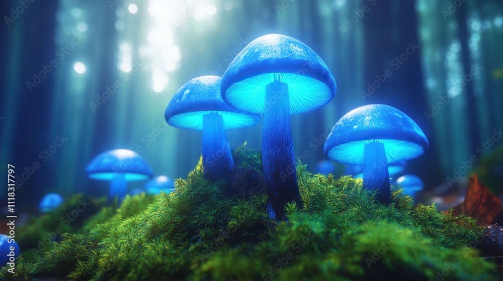 Fototapeta premium Glowing blue mushrooms in mossy forest.