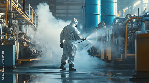 Worker in protective gear cleaning machinery inside an industrial facility during a maintenance operation