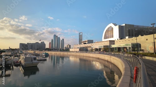 Abu Dhabi Modern Skyline Reflected in Al Bateen Marina. UAE capital city photo