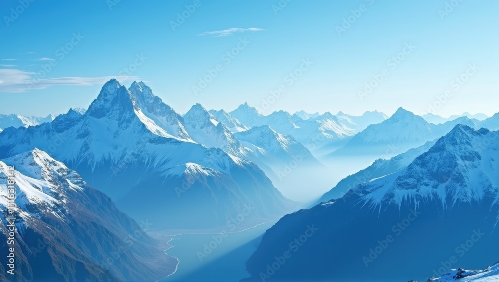 custom made wallpaper toronto digital Snow-capped mountains under a clear blue sky, with a river winding through the valleys. Sunlight illuminates the peaks, creating shadows that add depth and highlight the natural beauty