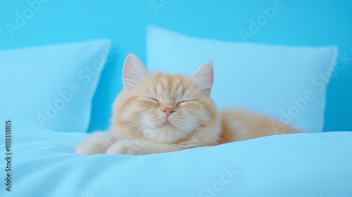 Sleepy Kitten on Blue Bedding: A soft, ginger kitten naps peacefully on a bed with two blue pillows. The cute cat's relaxed posture evokes a sense of tranquility and cozy warmth. photo