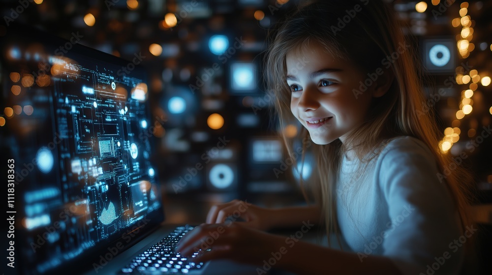 Girl focused on laptop while learning from home during evening hours