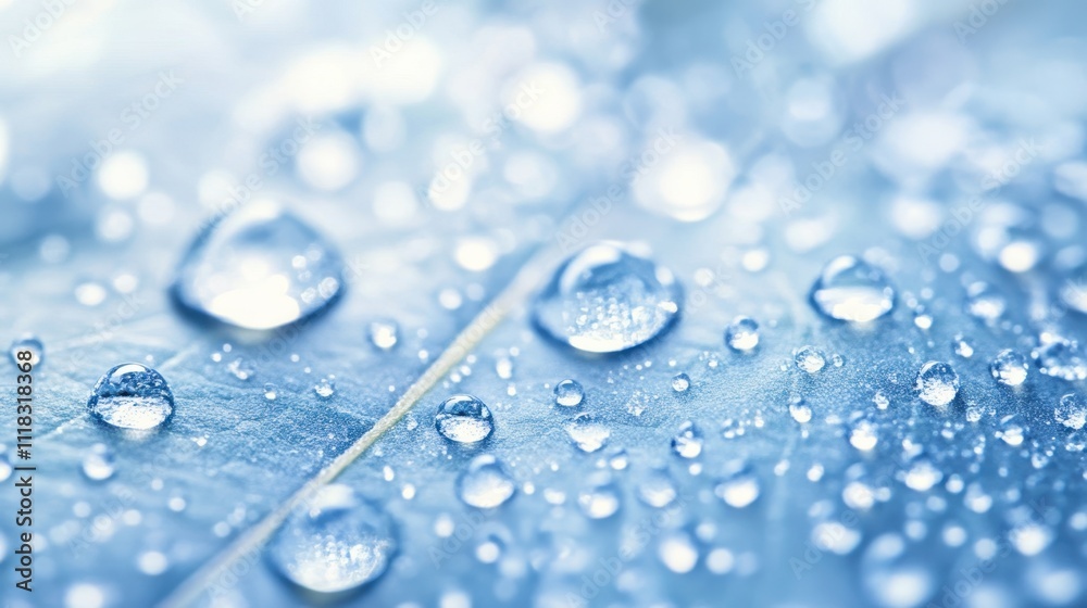 Crystal Clear Water Drops on Blue Leaf Surface Crystal Clear Water Drops on Blue Leaf Surface