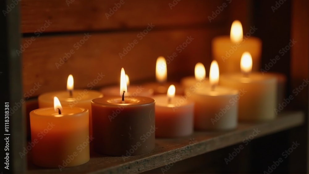Ten glowing candles on a wooden surface, with a blurred bottle in the background. Warm, cozy, and intimate atmosphere. Ten glowing candles on a wooden surface, with a blurred bottle in the background. Warm, cozy, and intimate atmosphere.