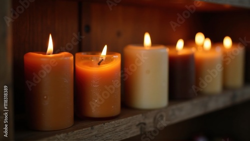 Row of lit candles on a wooden shelf, with a blurred bottle in the background. Warm, serene, and inviting atmosphere.