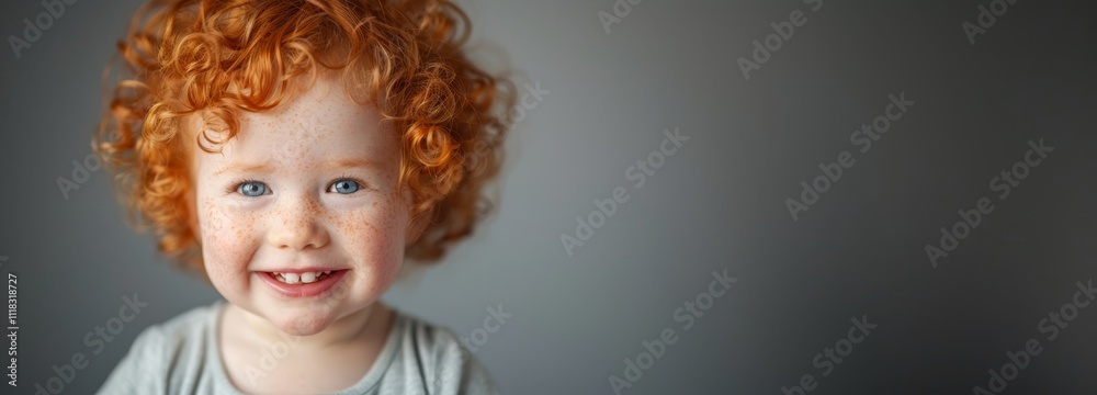 Smiling child with curly red hair looks directly at the camera against a neutral background. Concept of joy and innocence. For child portrait display. Smiling child with curly red hair looks directly at the camera against a neutral background. Concept of joy and innocence. For child portrait display.