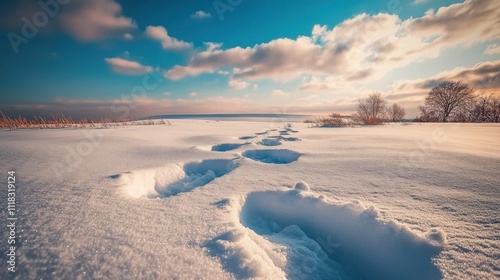 Majestic Winter Landscape with Fresh Snow and Footprints at Sunrise