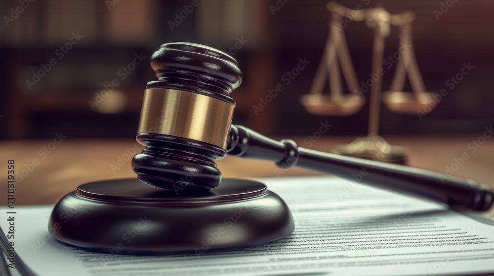 Legal Gavel on Documents with Justice Scales in Background Legal Gavel on Documents with Justice Scales in Background