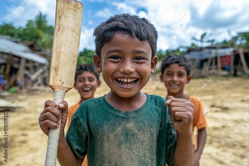 A young boy holding a cricket bat, standing proudly in a dusty village field with his friends cheering behind him photo