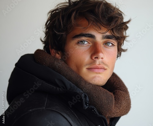 A man with brown hair and a beard is wearing a black jacket and a brown scarf. Generative AI