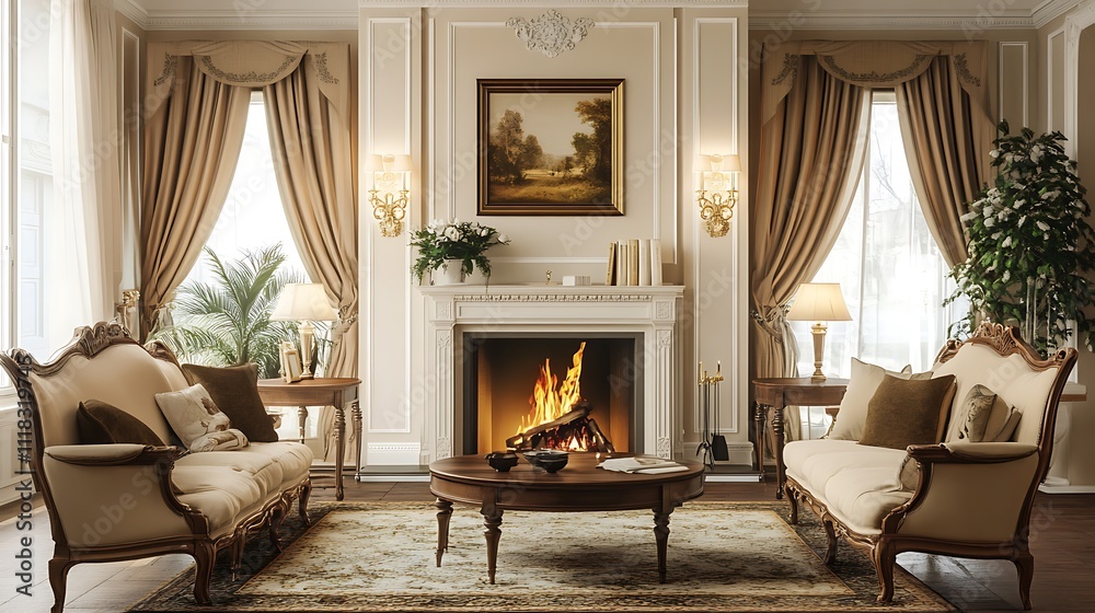 Fototapeta premium Elegant living room with fireplace, sofas, and ornate details.