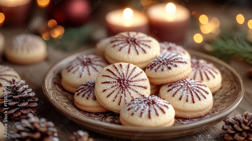 Festive Christmas cookies on a plate with candles and pine cones. Festive Christmas cookies on a plate with candles and pine cones.